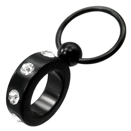 Čierny oceľový piercing do bradavky prstenec so zirkónmi
