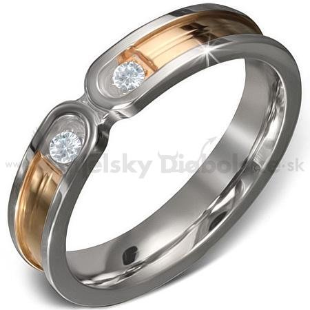 Lesklý oceľový prsteň medeno-strieborný s kryštálmi