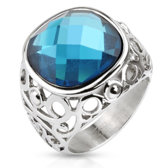 Oceľový prsteň - veľký modrý kryštál