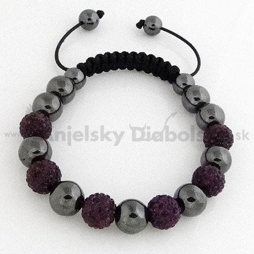 Shamballa náramok - tmavo fialové kryštály a hematitové guličky