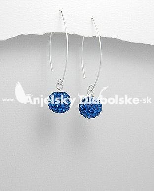 Strieborné náušnice - visiaca kráľovsky modrá gulička s kráľovsky modrými kryštálmi