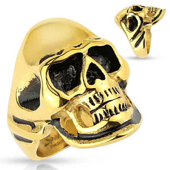Oceľový prsteň zlatej farby - lebka s čiernymi očami