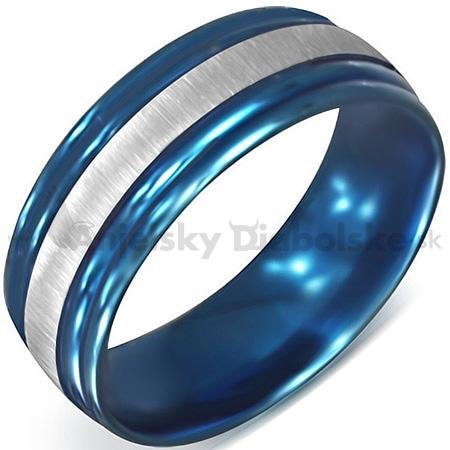 Oceľový prsteň - modrý so strieborným pásom