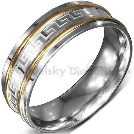 Oceľový prsteň-zlaté okraje a grécky vzor