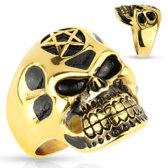 Oceľový prsteň zlatej farby - lebka so symbolom
